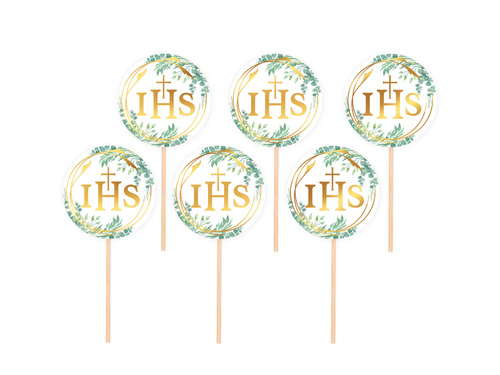 Pikery na tort IHS z zielonymi listkami na I Komunię Świętą - 6 szt.