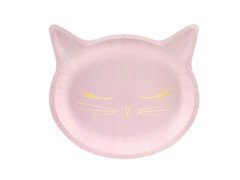 Talerzyki papierowe urodzinowe Kotek jasnoróżowe - 22 x 20 cm - 6 szt.