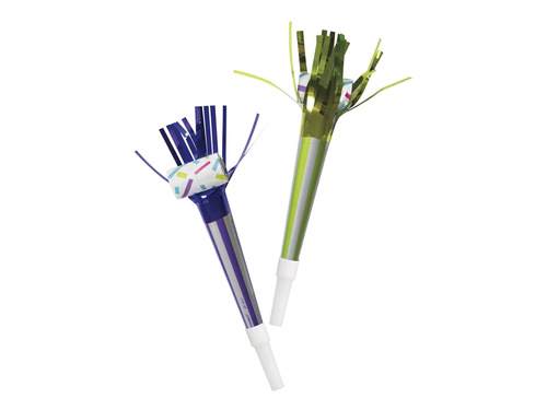 Gwizdki trąbki rozwijane z frędzelkami w paski - 4 szt