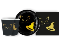 Zestaw kubeczki + serwetki + talerzyki papierowe Czarownica i kot - 44 szt.