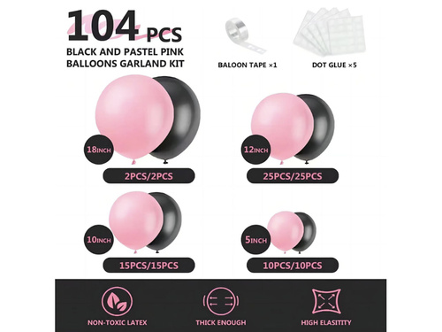 Zestaw balonów do girlandy balonowej czarno--różowy - 104 szt.