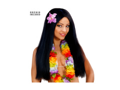 Peruka hawajska czarna długa z orchideą