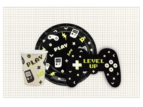 Zestaw obrus + kubeczki + talerzyki + serwetki papierowe Gamer - 37 szt.