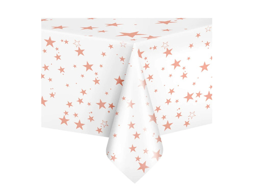 Obrus urodzinowy biały w różowo złote gwiazdki - 137 x 274 cm - 1 szt.