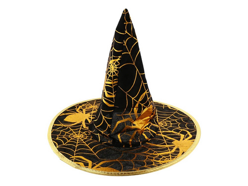 Kapelusz czarownicy ze złotą pajęczyną na Halloween - 1 szt.