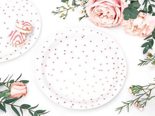 Talerzyki papierowe Kropki różowe złoto - 18 cm - 6 szt.