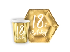 Zestaw kubeczki + talerzyki papierowe na urodziny złote 18th Birthday! - 12 szt.