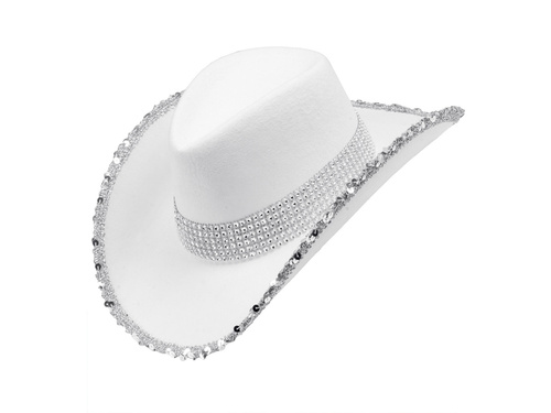 Kapelusz kowbojski z cekinami biały - 1 szt.