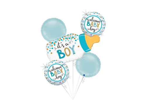 Bukiet balonów foliowych z butelką mleka na Baby Shower dla chłopca - 29" + 14" - 5 szt.