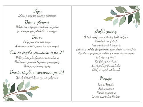 Weselne menu z zielonymi listkami - 4 szt.