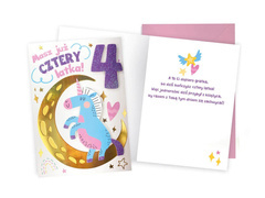 Kartka urodzinowa z kopertą na czwarte urodziny Jednorożec