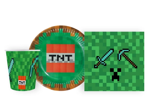 Zestaw kubeczki, serwetki i talerzyki papierowe Piksele - 44 szt.