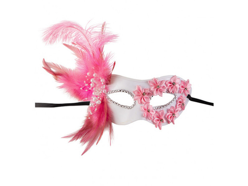 Maska karnawałowa biała z różami i piórami