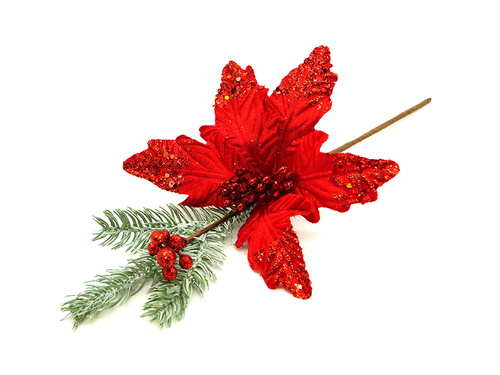 Dekoracja gałązka świąteczna z czerwoną poinsecją - 1 szt.