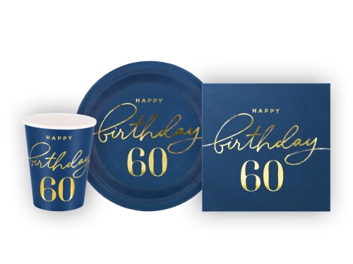 Zestaw kubeczki + serwetki + talerzyki papierowe na 60te urodziny - 22 szt.