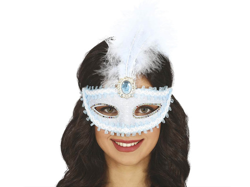 Maska karnawałowa błękitna z piórem - 1 szt.