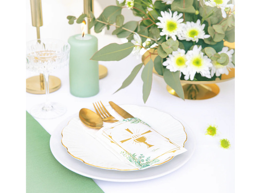 Kieszonki na sztućce komunijne Kielich IHS z zielonymi listkami - 16 szt.