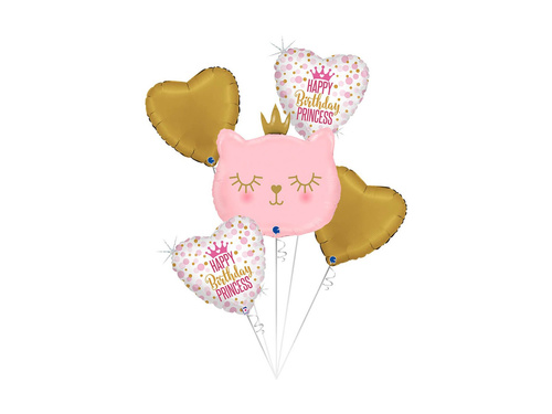 Bukiet balonów foliowych Kotek różowy z sercami Happy Birthday Princess - 21" + 14" - 5 szt.