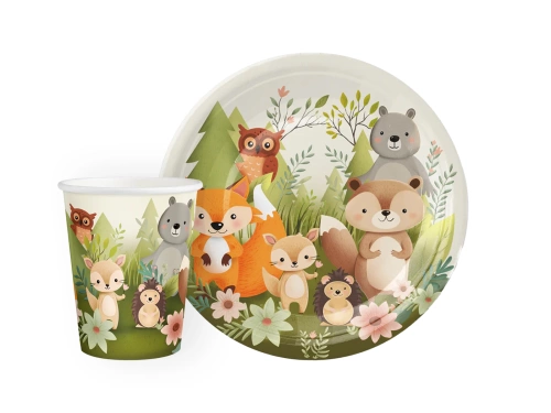 Zestaw kubeczki + talerzyki papierowe Leśni przyjaciele - 12 szt.