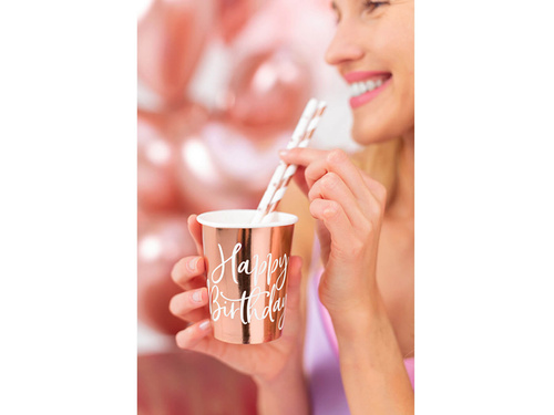 Kubeczki papierowe Happy Birthday różowe złoto - 260 ml - 6 szt.