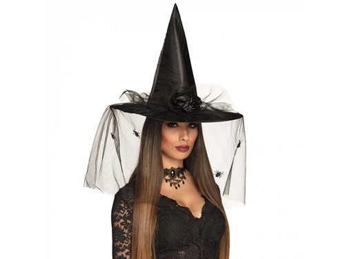 Kapelusz czarownicy czarny z woalką na Halloween - 1 szt.