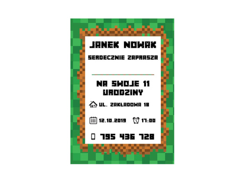 Zaproszenia personalizowane na urodziny Piksele - 8 szt.