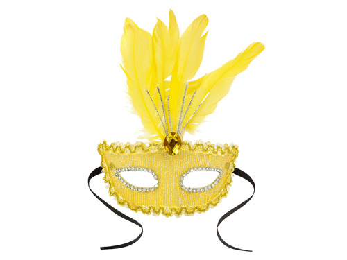 Maska karnawałowa z piórami - żółta - 1 szt.