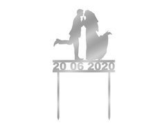 Topper z lustrzanej pleksi srebrny na tort Młoda Para - personalizowany - 12 cm