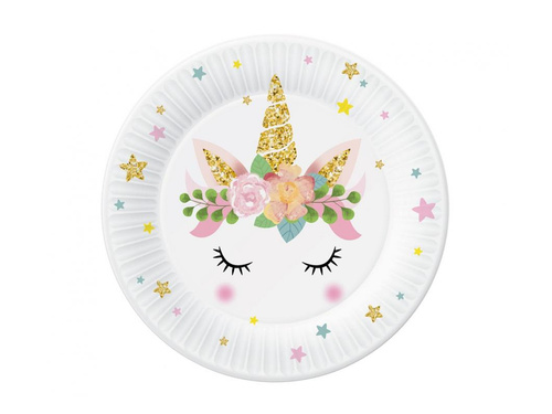 Talerzyki papierowe urodzinowe Kwiatowy Jednorożec - 18 cm - 6 szt.