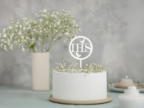 Topper z pleksi biały na tort IHS I Komunia Święta - 1 szt.