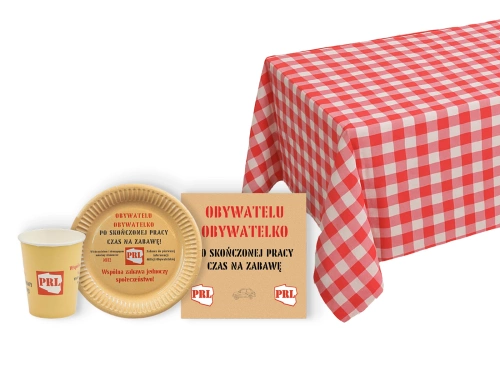 Zestaw obrus + talerzyki + sewetki + talerzyki papierowe PRL - 37 szt.