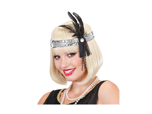 Srebrna cekinowa opaska z piórem i perłami