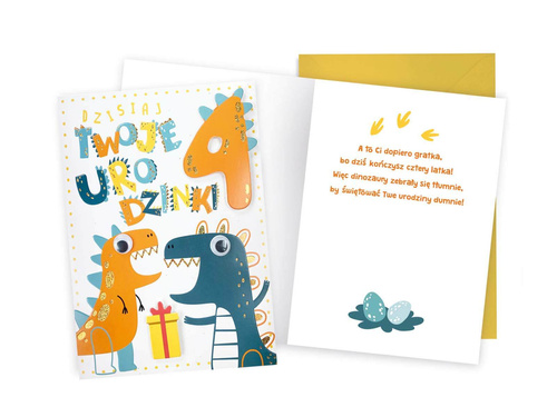 Kartka urodzinowa z kopertą na czwarte urodziny Dinozaury