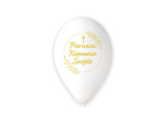 Balony lateksowe ze złotym napisem Pierwsza Komunia Święta - 32 cm - 5 szt.