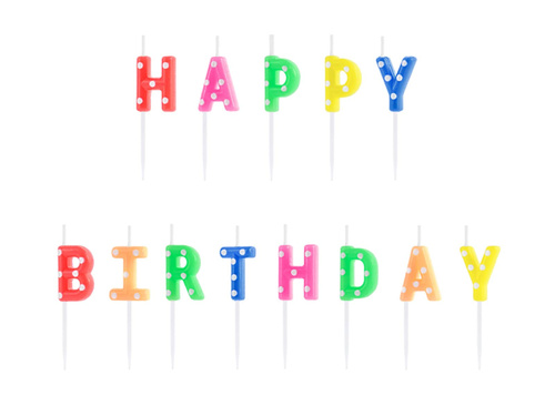 Świeczki pikery napis - kolorowy napis Happy Birthday