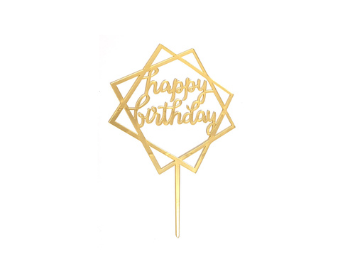 Topper z pleksi na tort Happy Birthday złoty - 1 szt.