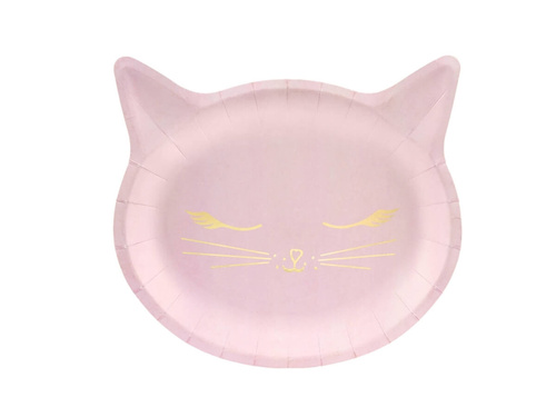 Talerzyki papierowe urodzinowe Kotek jasnoróżowe - 22 x 20 cm - 6 szt.