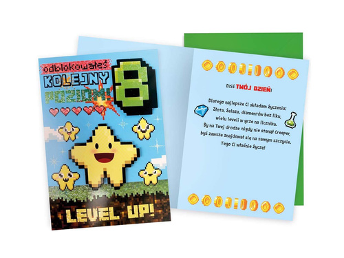 Kartka urodzinowa z kopertą na ósme urodziny Level up