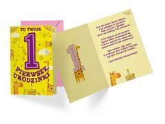 Kartka urodzinowa z kopertą na roczek Żyrafa - 1 szt.