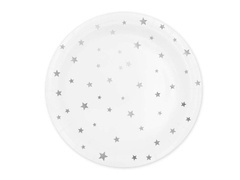 Talerzyki papierowe białe w srebrne gwiazdki - 23 cm - 6 szt.