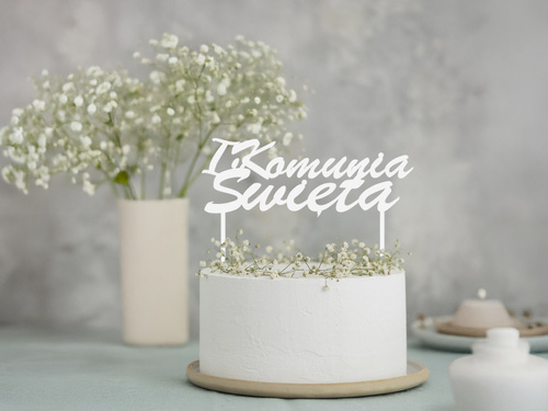 Topper z pleksi biały na tort IHS I Komunia Święta - 1 szt.