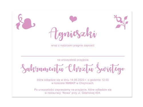 Zaproszenia personalizowane z sercem na chrzest dziewczynki - 8 szt.