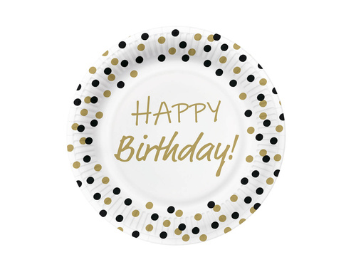 Talerzyki papierowe na urodziny Happy Birthday Konfetti złoto-czarne - 23 cm - 10 szt.