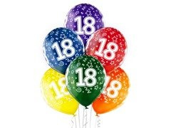Balony CRYSTALLIC z nadrukiem cyfry "18" - mix kolorów - 6 szt.