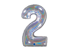 Balon foliowy cyfra 2 brokatowy holograficzny srebrny - 26" - 1 szt.