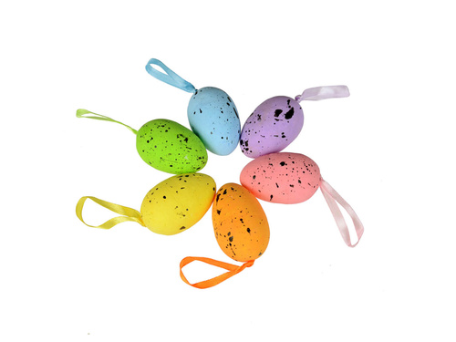 Jajka styropianowe nakrapiane z zawieszkami mix kolorów - 6 cm - 6 szt.