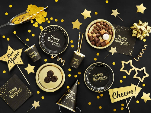 Kubeczki papierowe na sylwestra Happy New Year czarne - 266 ml - 6 szt.