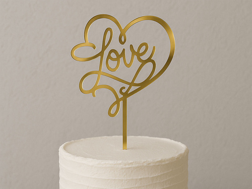 Topper z lustrzanej pleksi złoty na tort Love - 15 cm