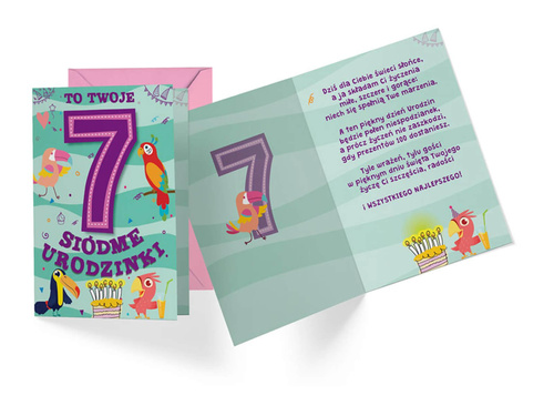 Kartka urodzinowa z kopertą na siódme urodziny Tropikalne Ptaki - 1 szt.
