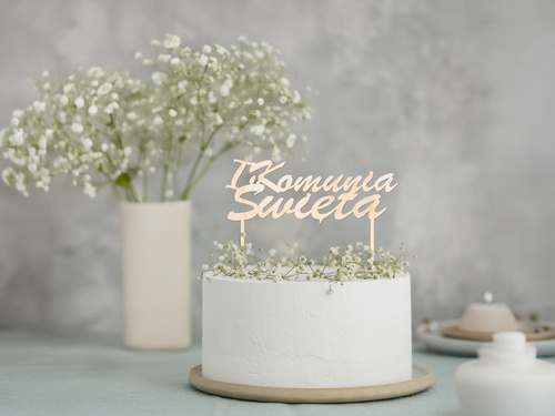 Topper drewniany na tort IHS I Komunia Święta - 1 szt.